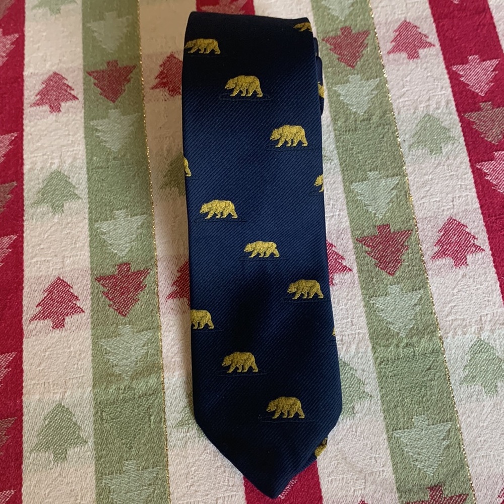 Navy Blue Tie with Gold Bear Motif - Men's Accessory